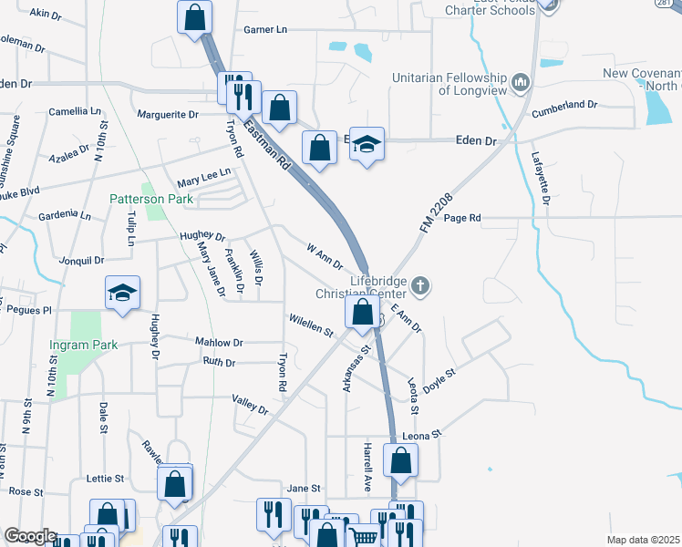 map of restaurants, bars, coffee shops, grocery stores, and more near 118 West Ann Drive in Longview