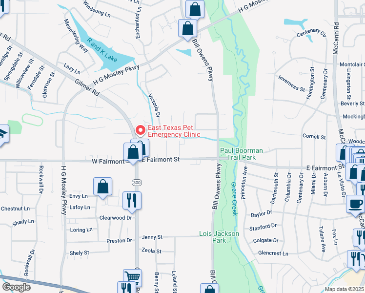 map of restaurants, bars, coffee shops, grocery stores, and more near 806 Faircreek Ln in Longview
