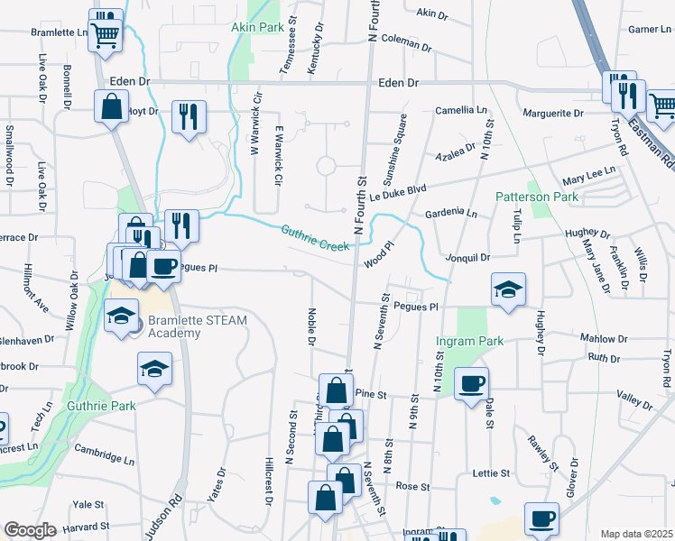 map of restaurants, bars, coffee shops, grocery stores, and more near 1694 Wood Place in Longview