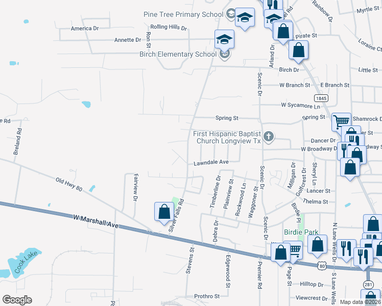map of restaurants, bars, coffee shops, grocery stores, and more near 804 Silver Falls Road in Longview