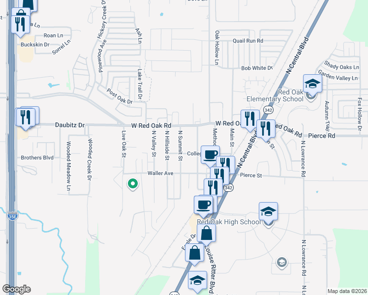map of restaurants, bars, coffee shops, grocery stores, and more near 202 North Summit Street in Red Oak