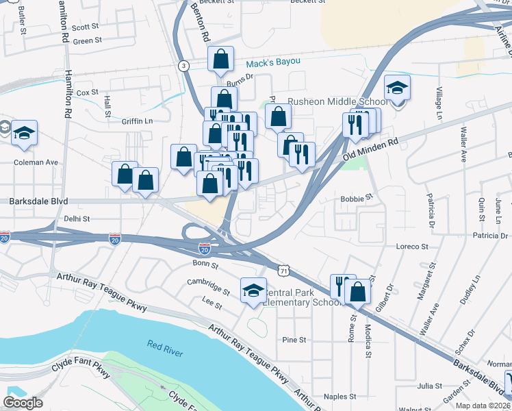 map of restaurants, bars, coffee shops, grocery stores, and more near Crossroads Boulevard in Bossier City