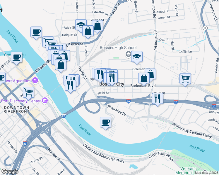 map of restaurants, bars, coffee shops, grocery stores, and more near 630 Barksdale Boulevard in Bossier City
