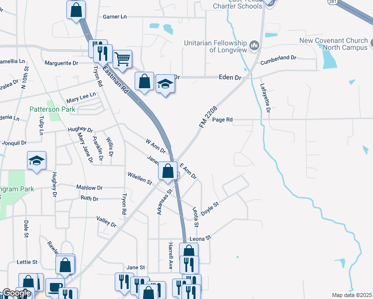 map of restaurants, bars, coffee shops, grocery stores, and more near 2011 FM 2208 in Longview