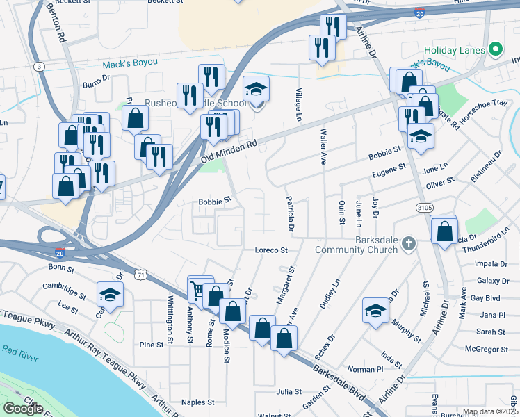 map of restaurants, bars, coffee shops, grocery stores, and more near 21 Grace Lane in Bossier City