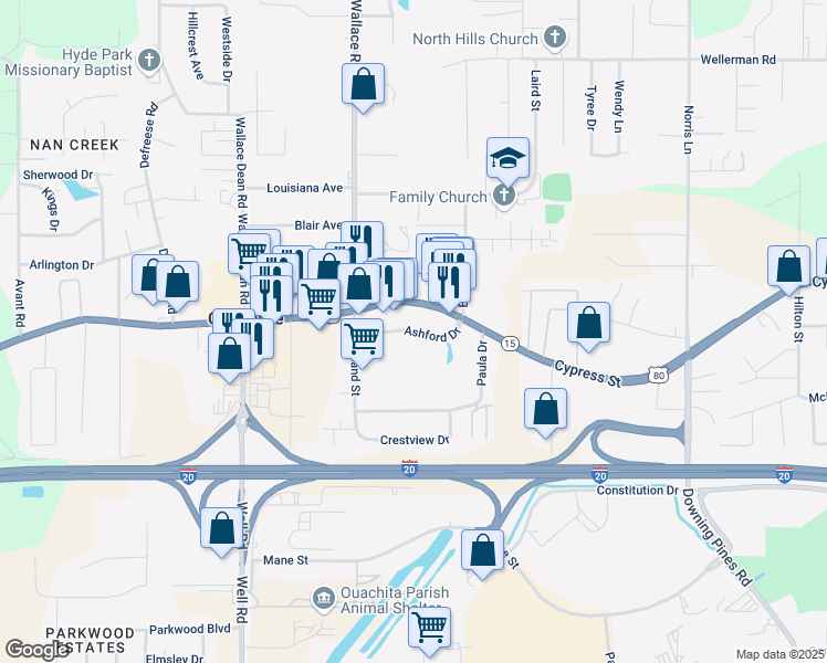 map of restaurants, bars, coffee shops, grocery stores, and more near 107 Ashford Drive in West Monroe