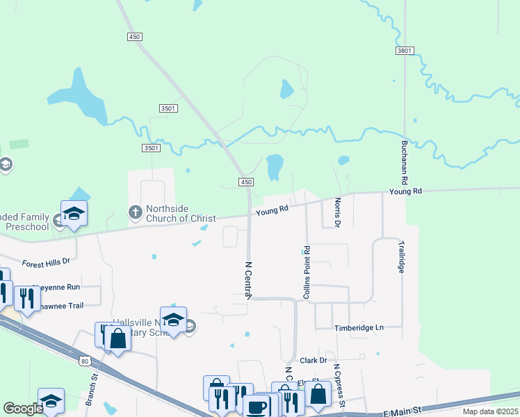 map of restaurants, bars, coffee shops, grocery stores, and more near 103 Young Road in Hallsville