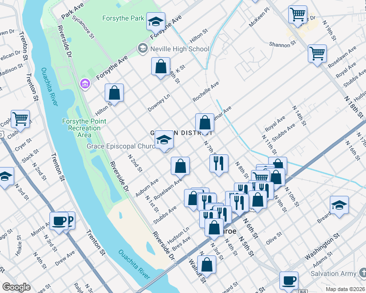map of restaurants, bars, coffee shops, grocery stores, and more near 520 Glenmar Avenue in Monroe