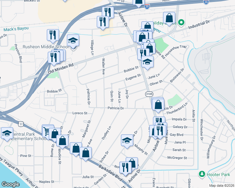map of restaurants, bars, coffee shops, grocery stores, and more near 1615 Dudley Ln in Bossier City