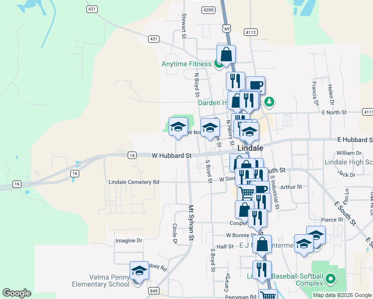 map of restaurants, bars, coffee shops, grocery stores, and more near 501 W Hubbard St in Lindale