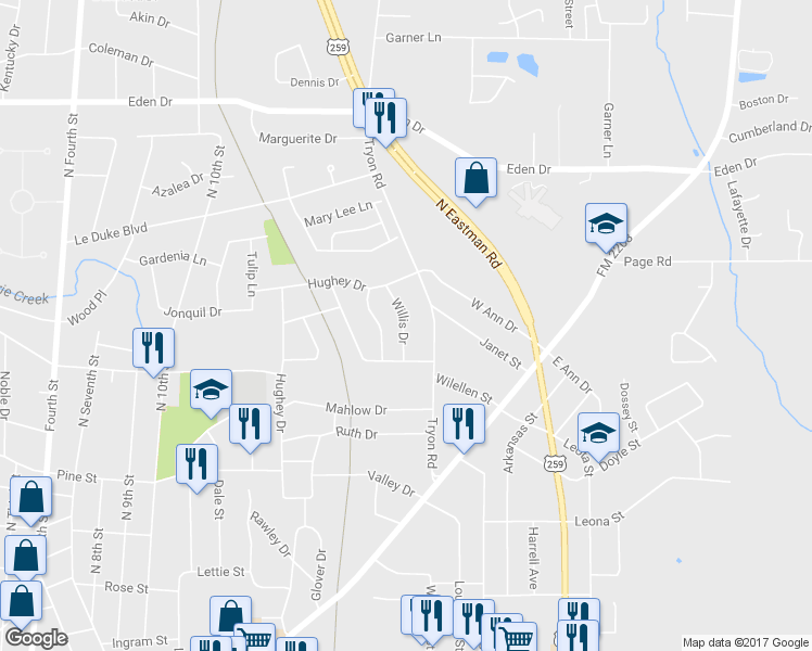 map of restaurants, bars, coffee shops, grocery stores, and more near 1908 Willis Drive in Longview