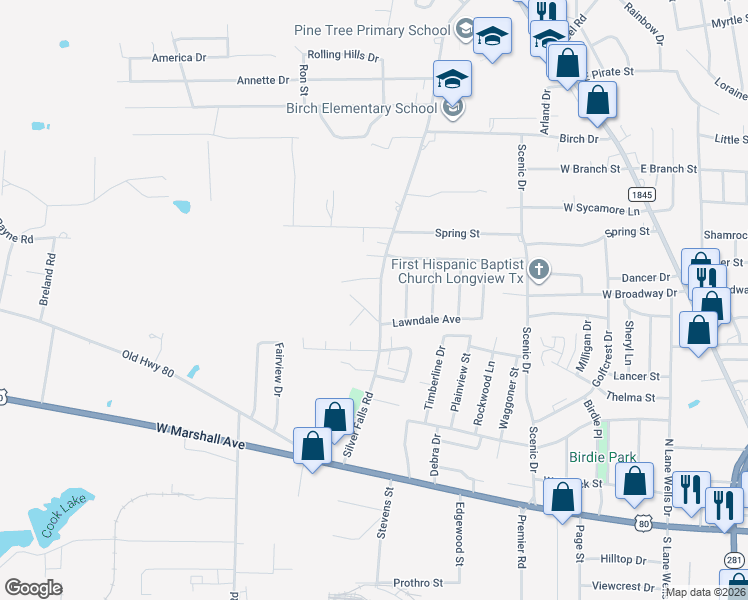 map of restaurants, bars, coffee shops, grocery stores, and more near 804 Silver Falls Road in Longview