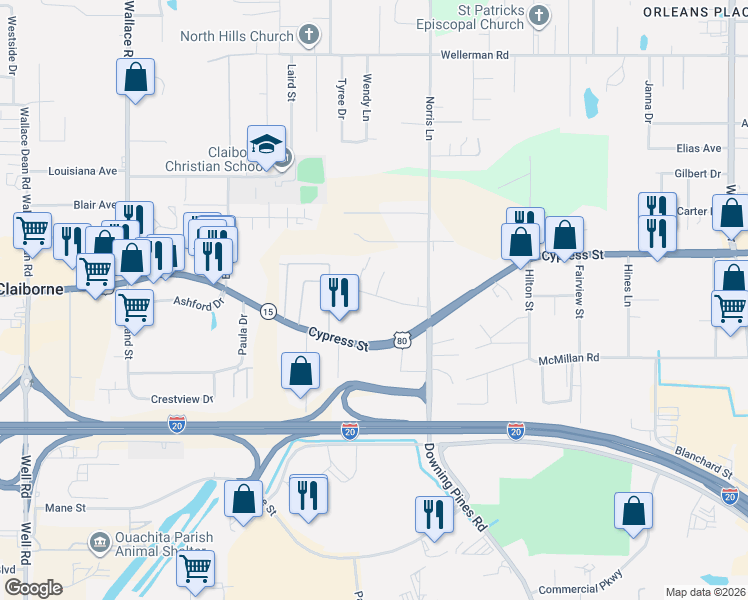 map of restaurants, bars, coffee shops, grocery stores, and more near 121a Westridge Drive in West Monroe