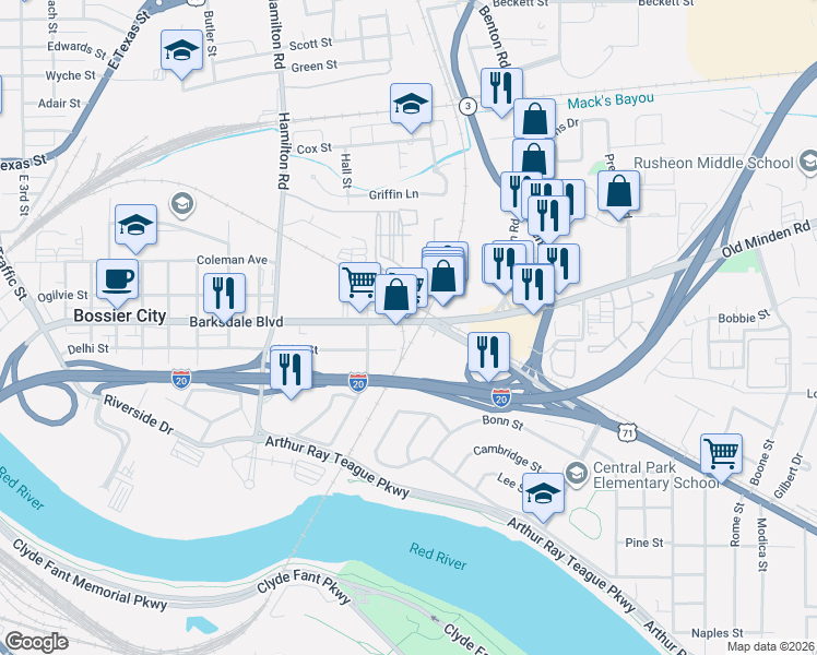 map of restaurants, bars, coffee shops, grocery stores, and more near 1632 Barksdale Boulevard in Bossier City