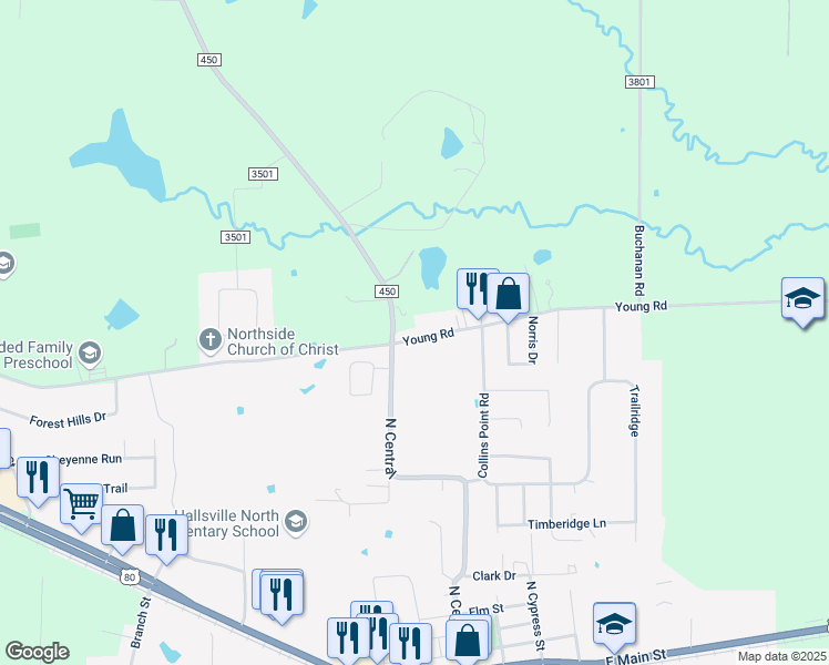 map of restaurants, bars, coffee shops, grocery stores, and more near 103 Young Road in Hallsville