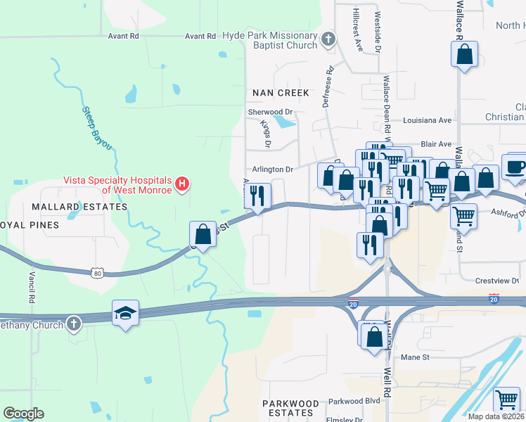 map of restaurants, bars, coffee shops, grocery stores, and more near 5869 Cypress St in West Monroe