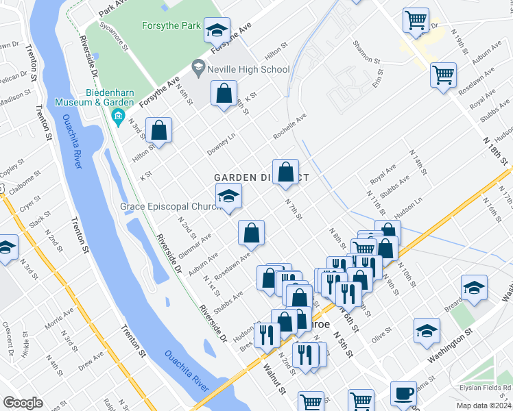 map of restaurants, bars, coffee shops, grocery stores, and more near 524 Glenmar Avenue in Monroe