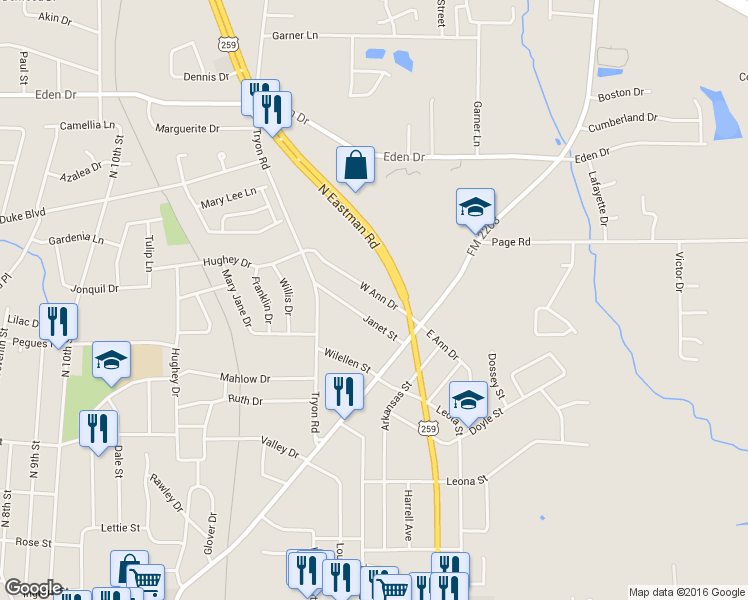 map of restaurants, bars, coffee shops, grocery stores, and more near 118 West Ann Drive in Longview