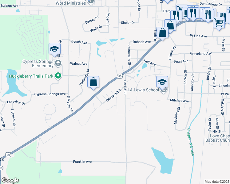 map of restaurants, bars, coffee shops, grocery stores, and more near 1514 Roosevelt Drive in Ruston