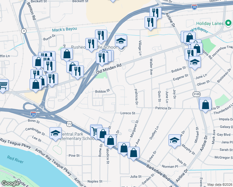 map of restaurants, bars, coffee shops, grocery stores, and more near 21 Grace Lane in Bossier City