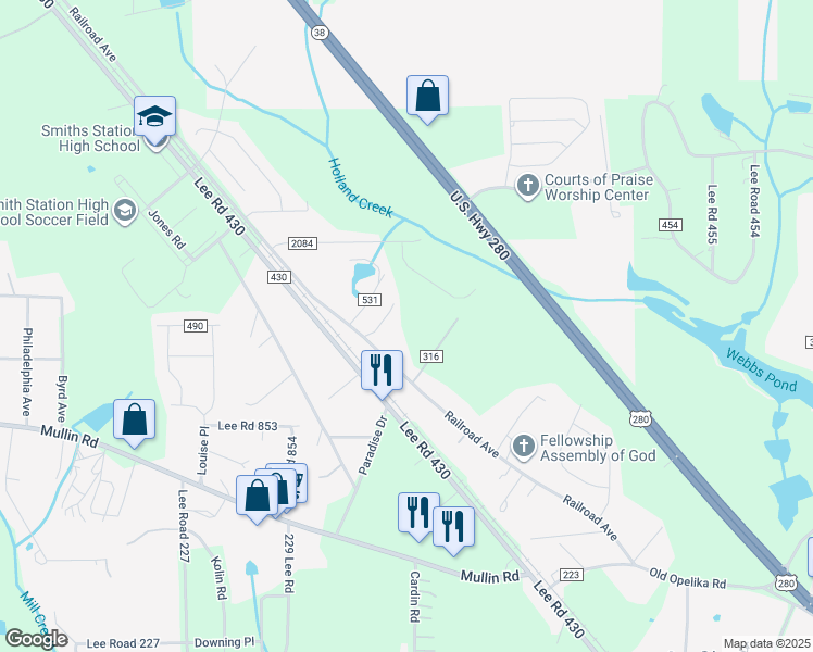 map of restaurants, bars, coffee shops, grocery stores, and more near 780 Lee Road 243 in Smiths Station