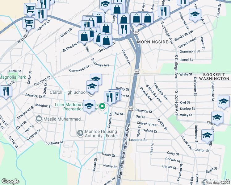 map of restaurants, bars, coffee shops, grocery stores, and more near 3001 Barlow Street in Monroe
