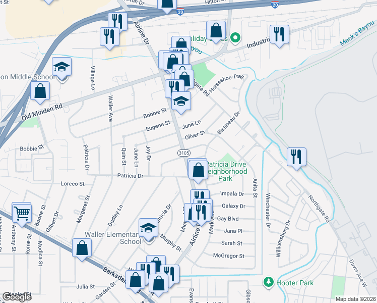 map of restaurants, bars, coffee shops, grocery stores, and more near 3000 Donald Drive in Bossier City