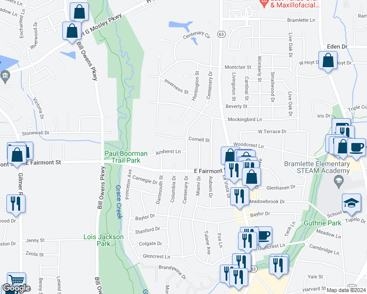 map of restaurants, bars, coffee shops, grocery stores, and more near 1511 Centenary Drive in Longview