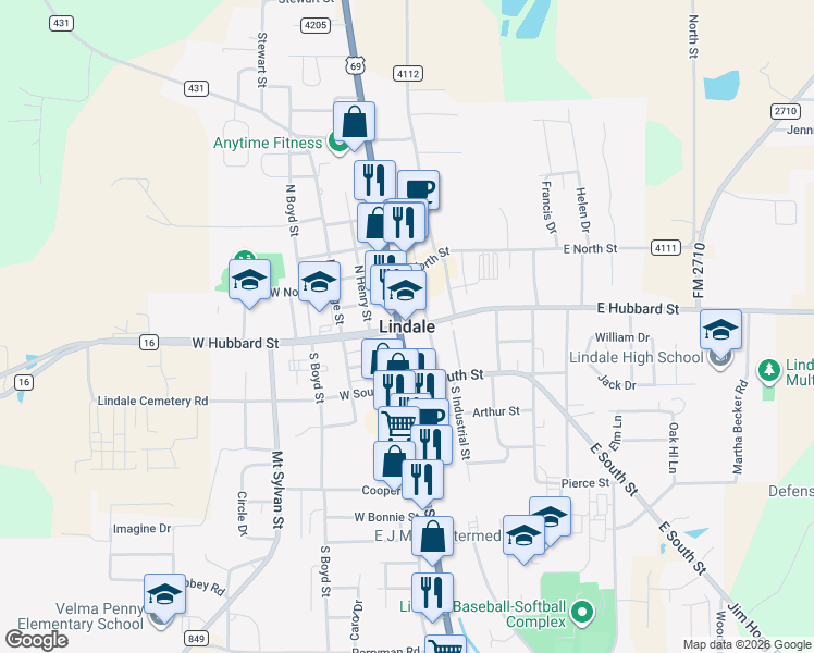map of restaurants, bars, coffee shops, grocery stores, and more near in Lindale