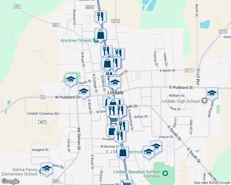 map of restaurants, bars, coffee shops, grocery stores, and more near in Lindale