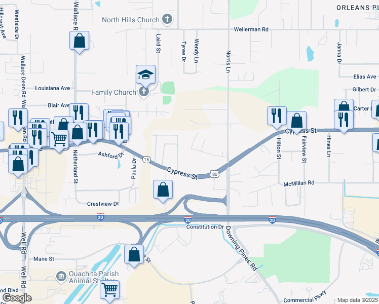 map of restaurants, bars, coffee shops, grocery stores, and more near 207 Westridge Dr in West Monroe