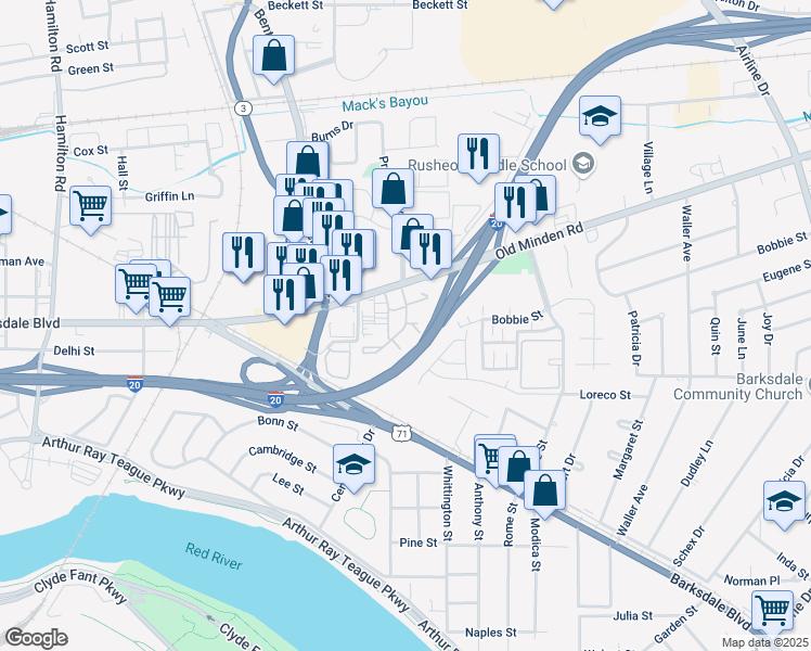 map of restaurants, bars, coffee shops, grocery stores, and more near 2000 Old Minden Road in Bossier City
