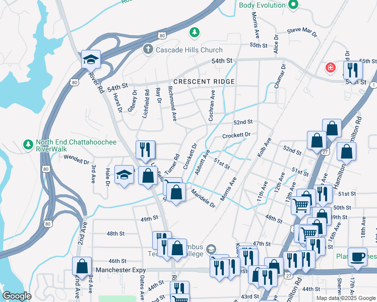map of restaurants, bars, coffee shops, grocery stores, and more near 795 Crockett Drive in Columbus