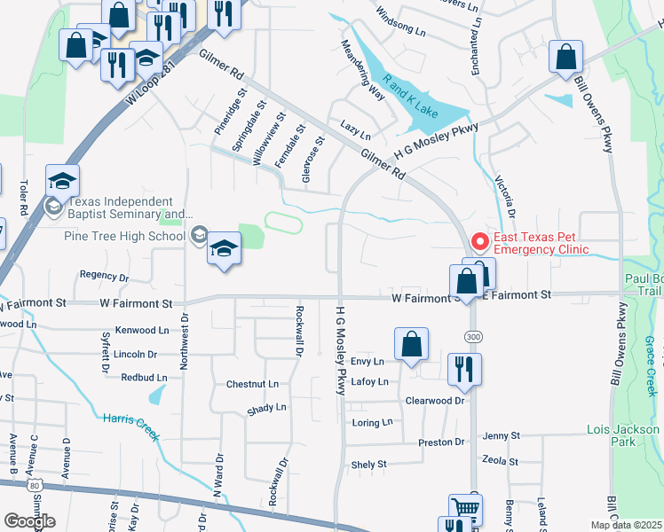 map of restaurants, bars, coffee shops, grocery stores, and more near 802 Pinegrove Lane in Longview