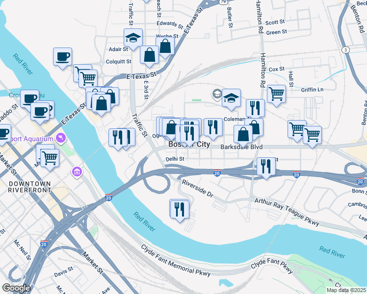 map of restaurants, bars, coffee shops, grocery stores, and more near 630 Barksdale Boulevard in Bossier City