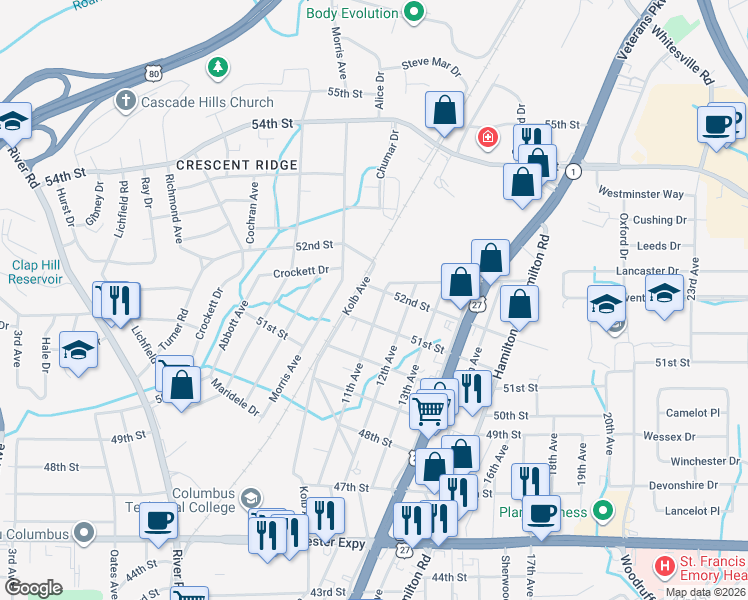 map of restaurants, bars, coffee shops, grocery stores, and more near 5113 11th Avenue in Columbus