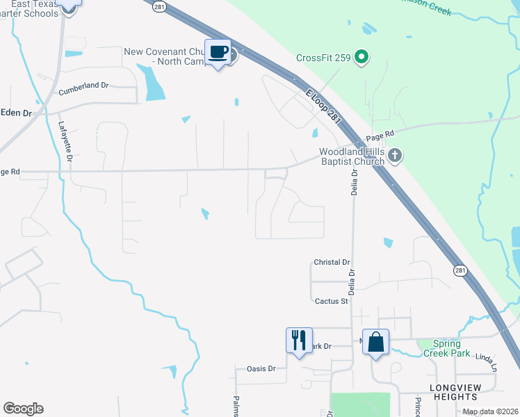 map of restaurants, bars, coffee shops, grocery stores, and more near 1301 Mission Creek Drive in Longview