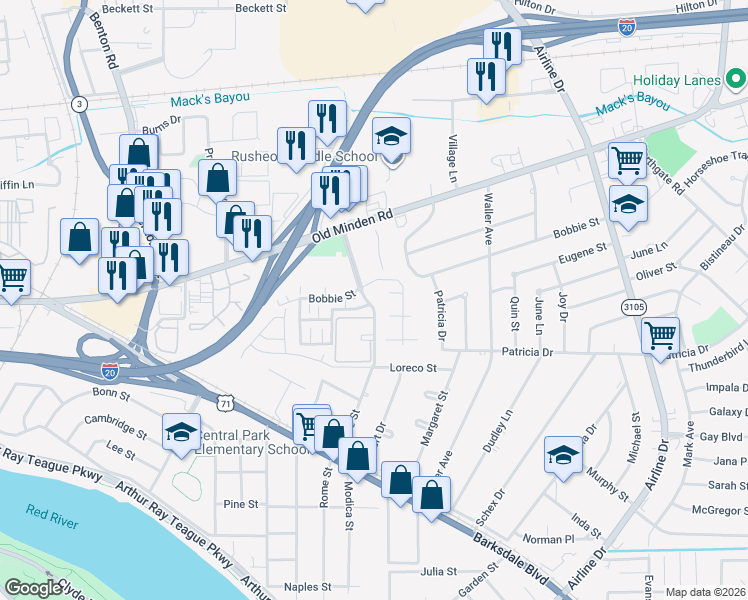map of restaurants, bars, coffee shops, grocery stores, and more near 110 Carriage Square Drive in Bossier City