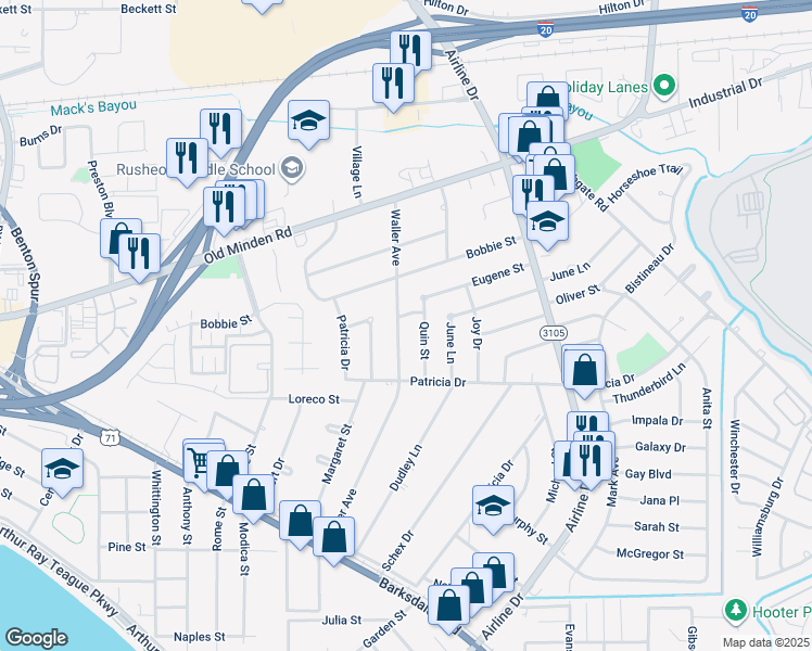 map of restaurants, bars, coffee shops, grocery stores, and more near 431 Waller Avenue in Bossier City