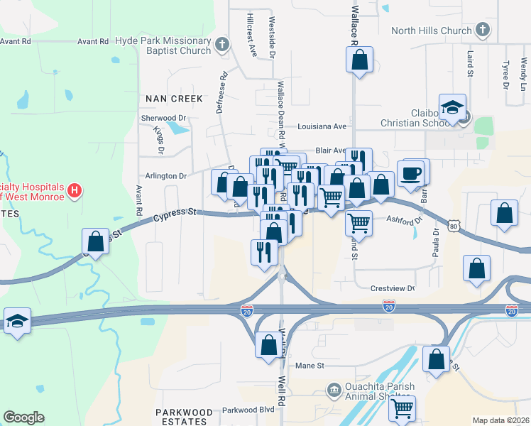 map of restaurants, bars, coffee shops, grocery stores, and more near Cypress Street in West Monroe