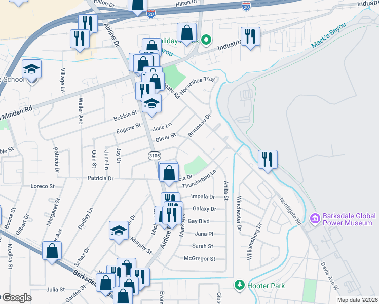 map of restaurants, bars, coffee shops, grocery stores, and more near 3110 Donald Drive in Bossier City
