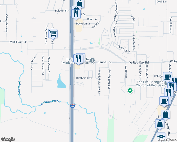 map of restaurants, bars, coffee shops, grocery stores, and more near 200 Brothers Boulevard in Red Oak