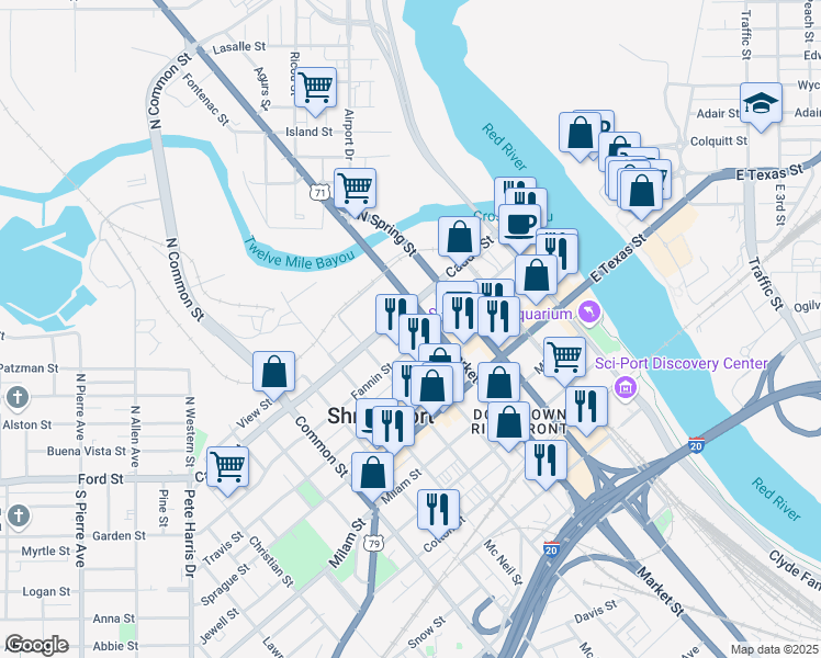 map of restaurants, bars, coffee shops, grocery stores, and more near 300 Fannin Street in Shreveport