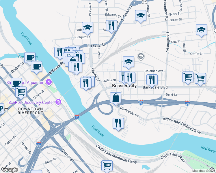 map of restaurants, bars, coffee shops, grocery stores, and more near 236 Traffic Street in Bossier City