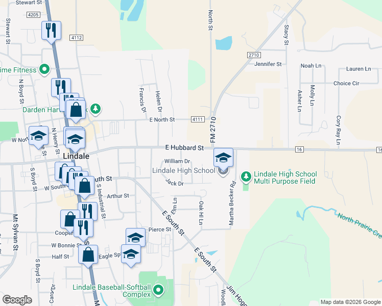 map of restaurants, bars, coffee shops, grocery stores, and more near 805 East Hubbard Street in Lindale