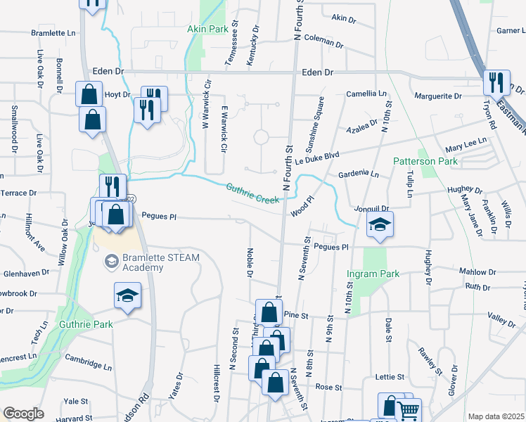 map of restaurants, bars, coffee shops, grocery stores, and more near 1694 Wood Place in Longview
