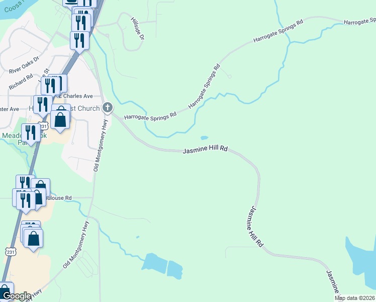map of restaurants, bars, coffee shops, grocery stores, and more near Jasmine Hill Road in Wetumpka