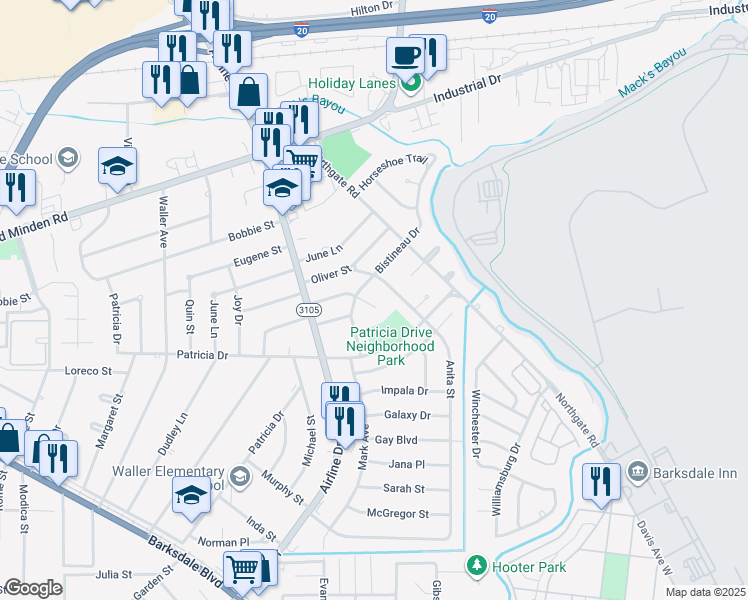 map of restaurants, bars, coffee shops, grocery stores, and more near 3110 Donald Drive in Bossier City