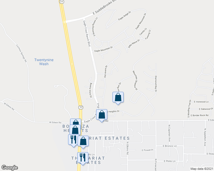 map of restaurants, bars, coffee shops, grocery stores, and more near 39701 South Old Arena Drive in Tucson