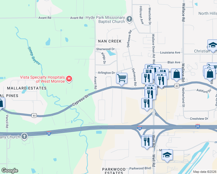map of restaurants, bars, coffee shops, grocery stores, and more near 5805-5869 Cypress St in West Monroe